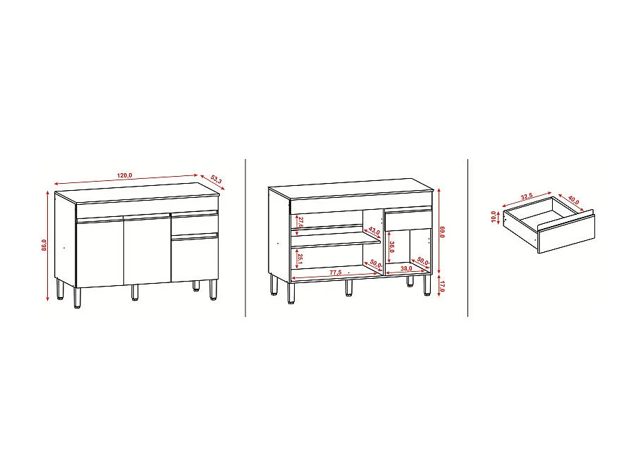 Buffet Bas 3 Portes 1 Tiroir Gris 5 Niches L 120 H 86 P 53.3 cm