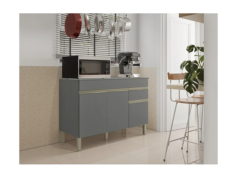 Buffet Bas 3 Portes 1 Tiroir Gris 5 Niches L 120 H 86 P 53.3 cm