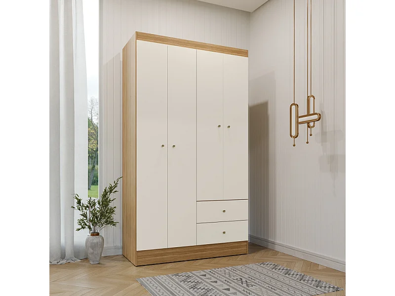 Armoire Penderie 4 Portes 2 Tiroirs 5 Niches Chêne Blanc Ecru L 102.4 H 182.4 P 46.3 cm