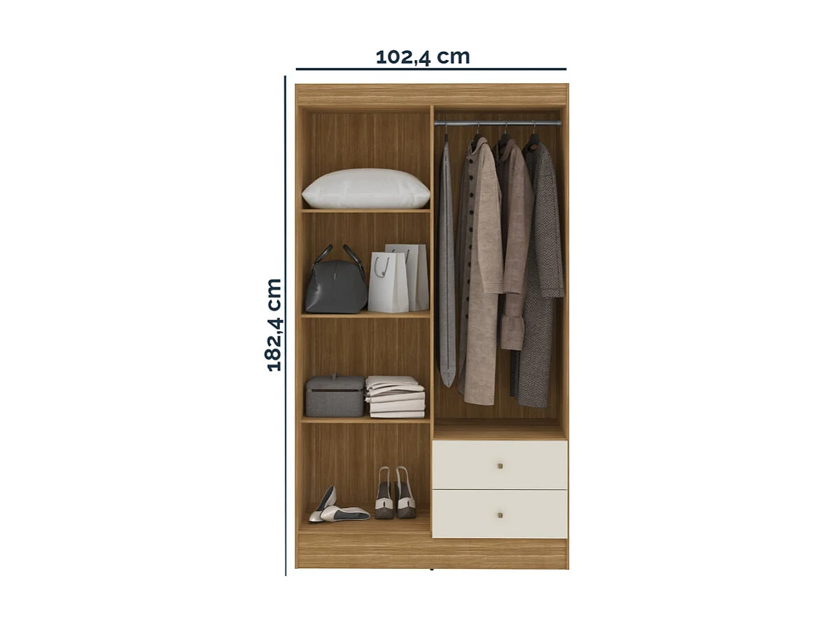 Armoire Penderie 4 Portes 2 Tiroirs 5 Niches Chêne Blanc Ecru L 102.4 H 182.4 P 46.3 cm