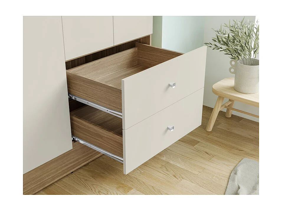 Armoire Penderie 4 Portes 2 Tiroirs 5 Niches Chêne Blanc Ecru L 102.4 H 182.4 P 46.3 cm