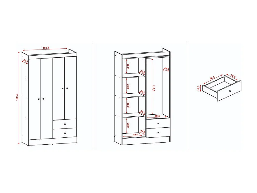 Armoire Penderie 4 Portes 2 Tiroirs 5 Niches Chêne Blanc Ecru L 102.4 H 182.4 P 46.3 cm