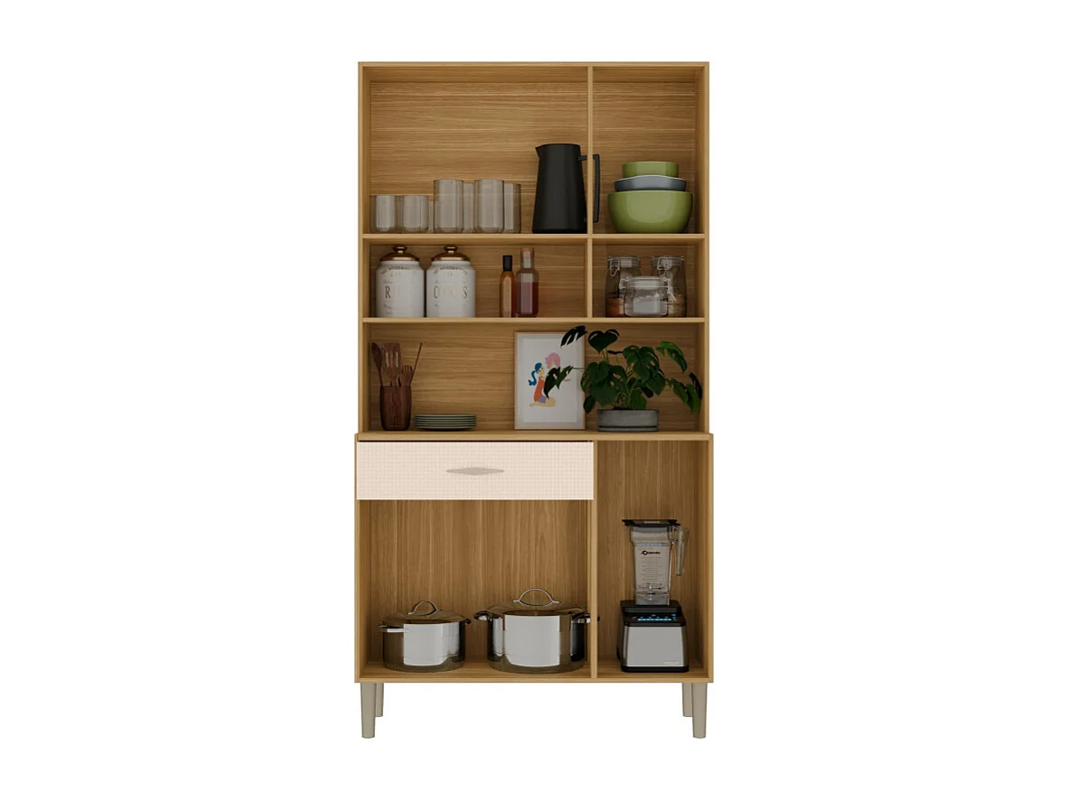 Buffet 6 Portes 1 Tiroir 7 Niches Chêne et Blanc Ecru Gaufré L 90 H 173.5 P 36.3 cm