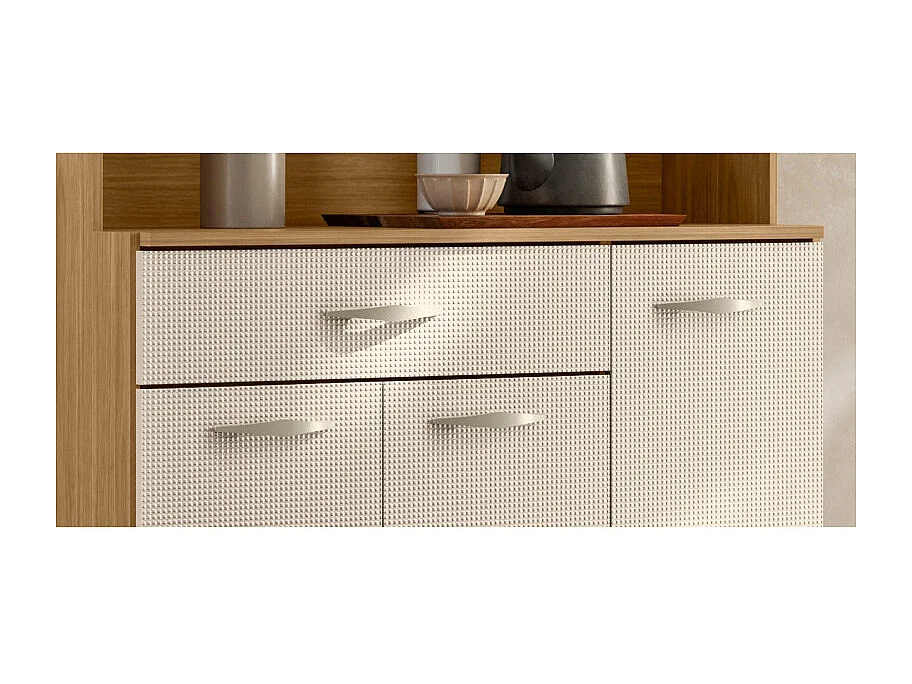 Buffet 6 Portes 1 Tiroir 7 Niches Chêne et Blanc Ecru Gaufré L 90 H 173.5 P 36.3 cm