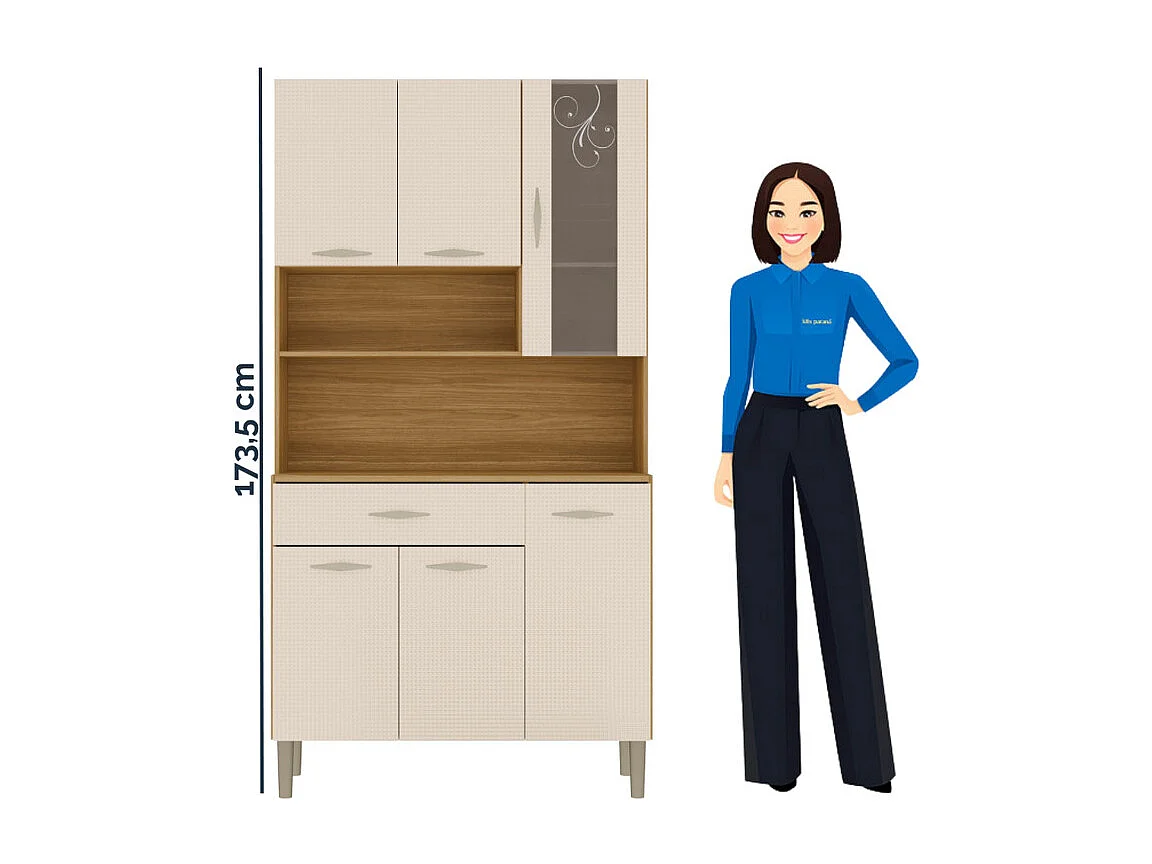 Buffet 6 Portes 1 Tiroir 7 Niches Chêne et Blanc Ecru Gaufré L 90 H 173.5 P 36.3 cm