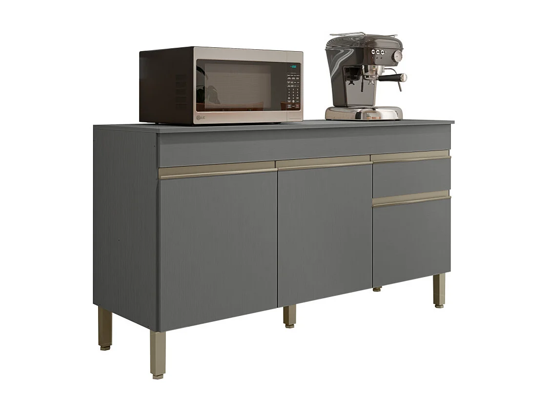 Buffet Bas 3 Portes 1 Tiroir Gris 5 Niches L 150 H 86 P 53.3 cm