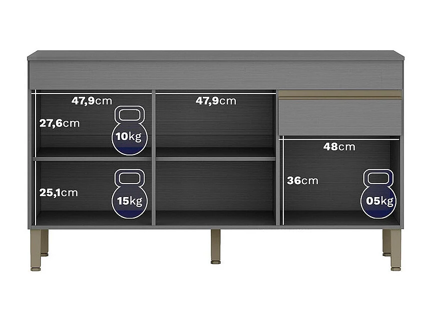 Buffet Bas 3 Portes 1 Tiroir Gris 5 Niches L 150 H 86 P 53.3 cm