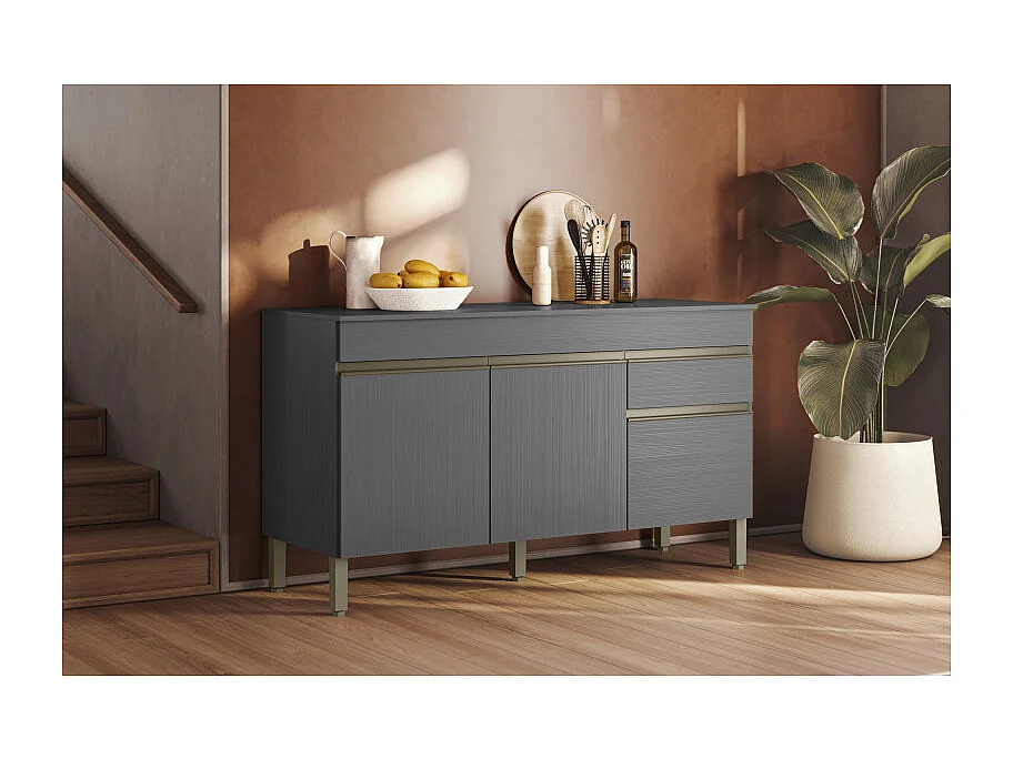 Buffet Bas 3 Portes 1 Tiroir Gris 5 Niches L 150 H 86 P 53.3 cm