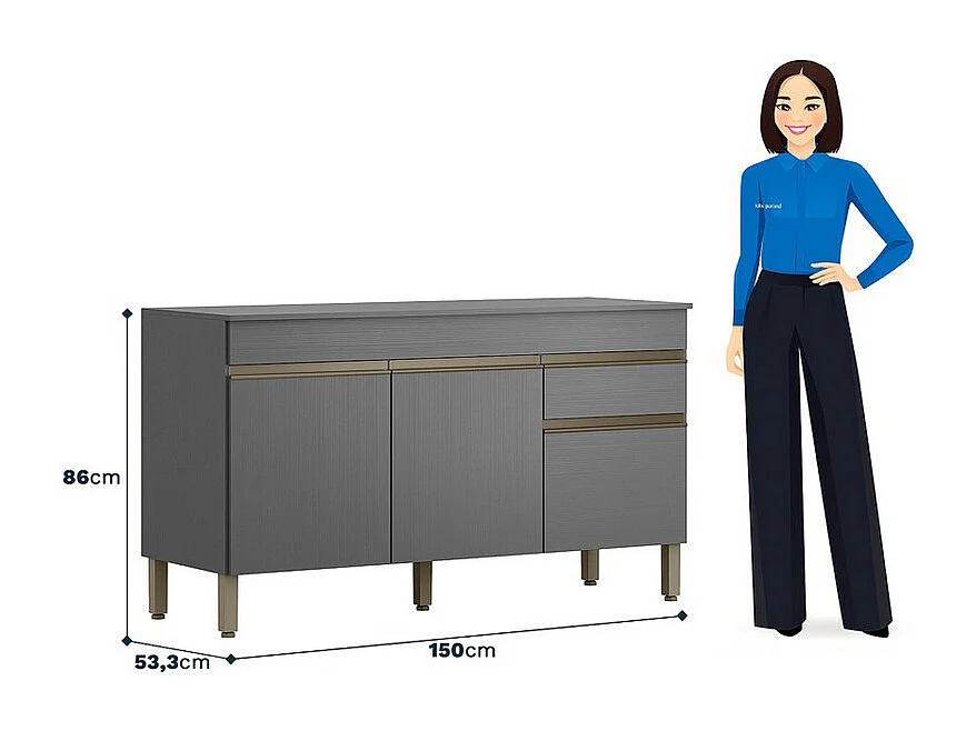 Buffet Bas 3 Portes 1 Tiroir Gris 5 Niches L 150 H 86 P 53.3 cm