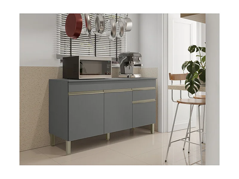 Buffet Bas 3 Portes 1 Tiroir Gris 5 Niches L 150 H 86 P 53.3 cm