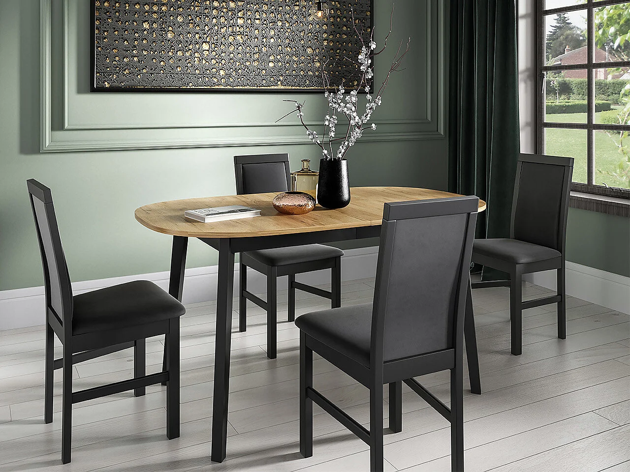 Table Edmond 114, Chêne doré artisanal|Noir, 77x80x150cm, Disponible, Stratifié, Bois
