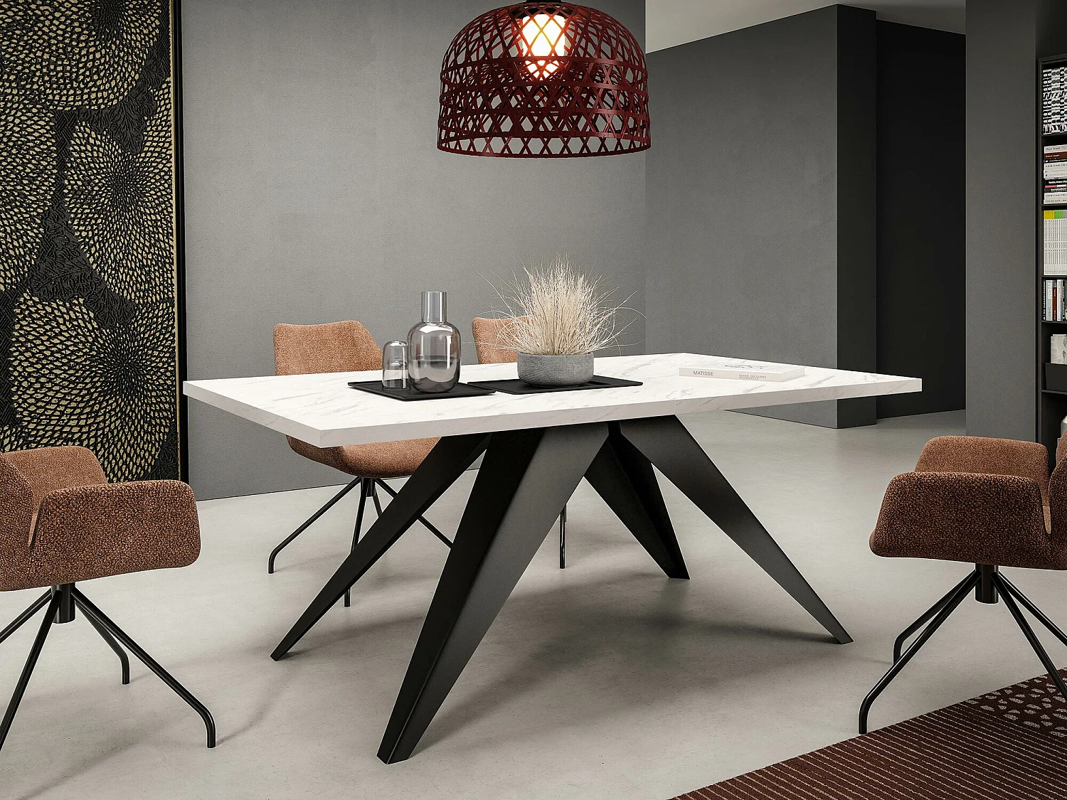 Table Oswego 113, Noir|Marbre blanc, 76x80x140cm, Disponible, Stratifié, Métal