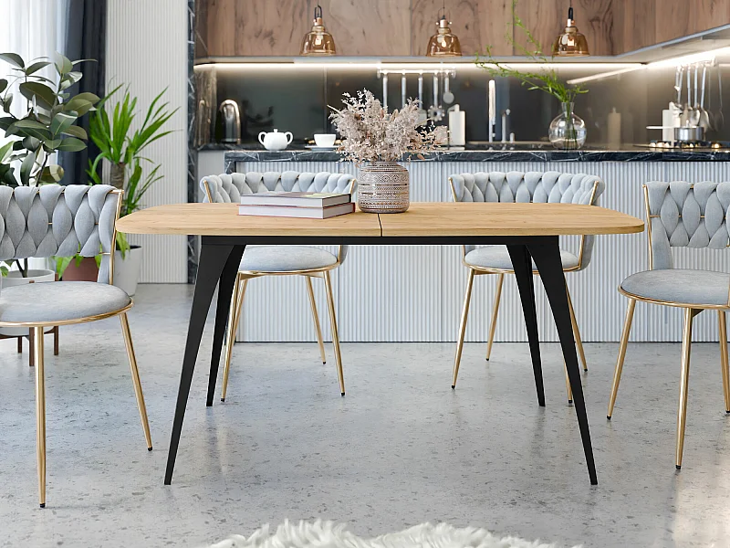 Table Oswego 131, Chêne doré artisanal|Noir, 76x90x160cm, Disponible, Stratifié, Métal