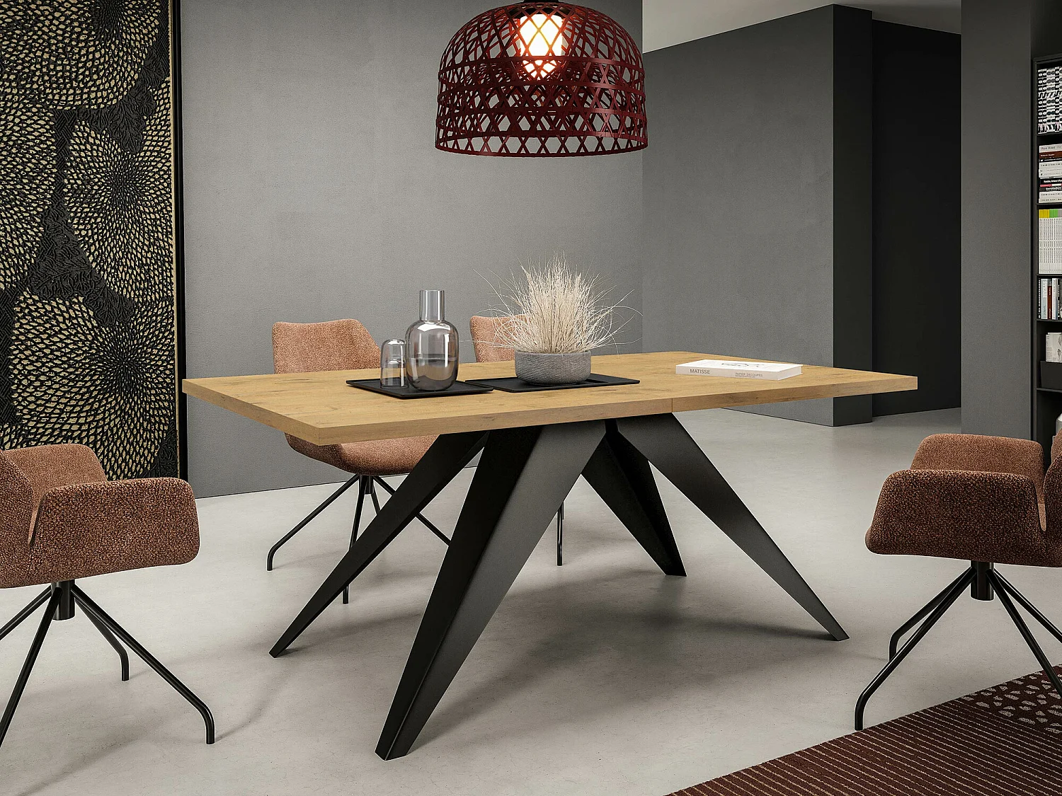 Table Oswego 113, Noir|Chêne lancelot, 76x80x140cm, Disponible, Stratifié, Métal