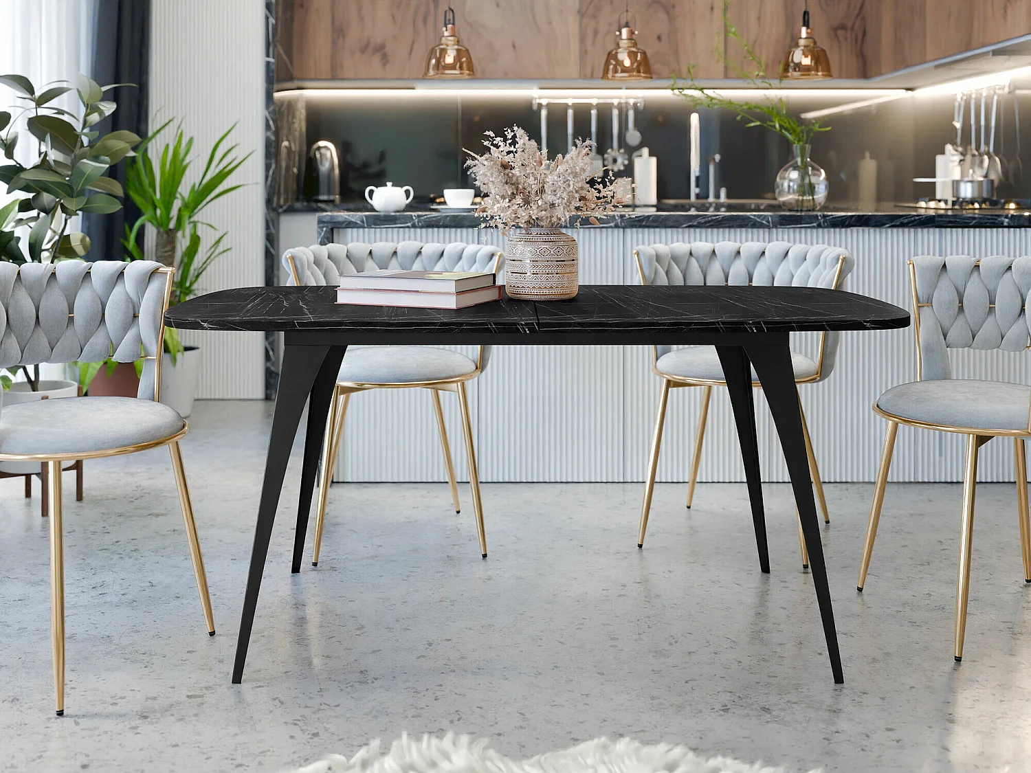 Table Oswego 131, Marbre noir|Noir, 76x90x160cm, Disponible, Stratifié, Métal