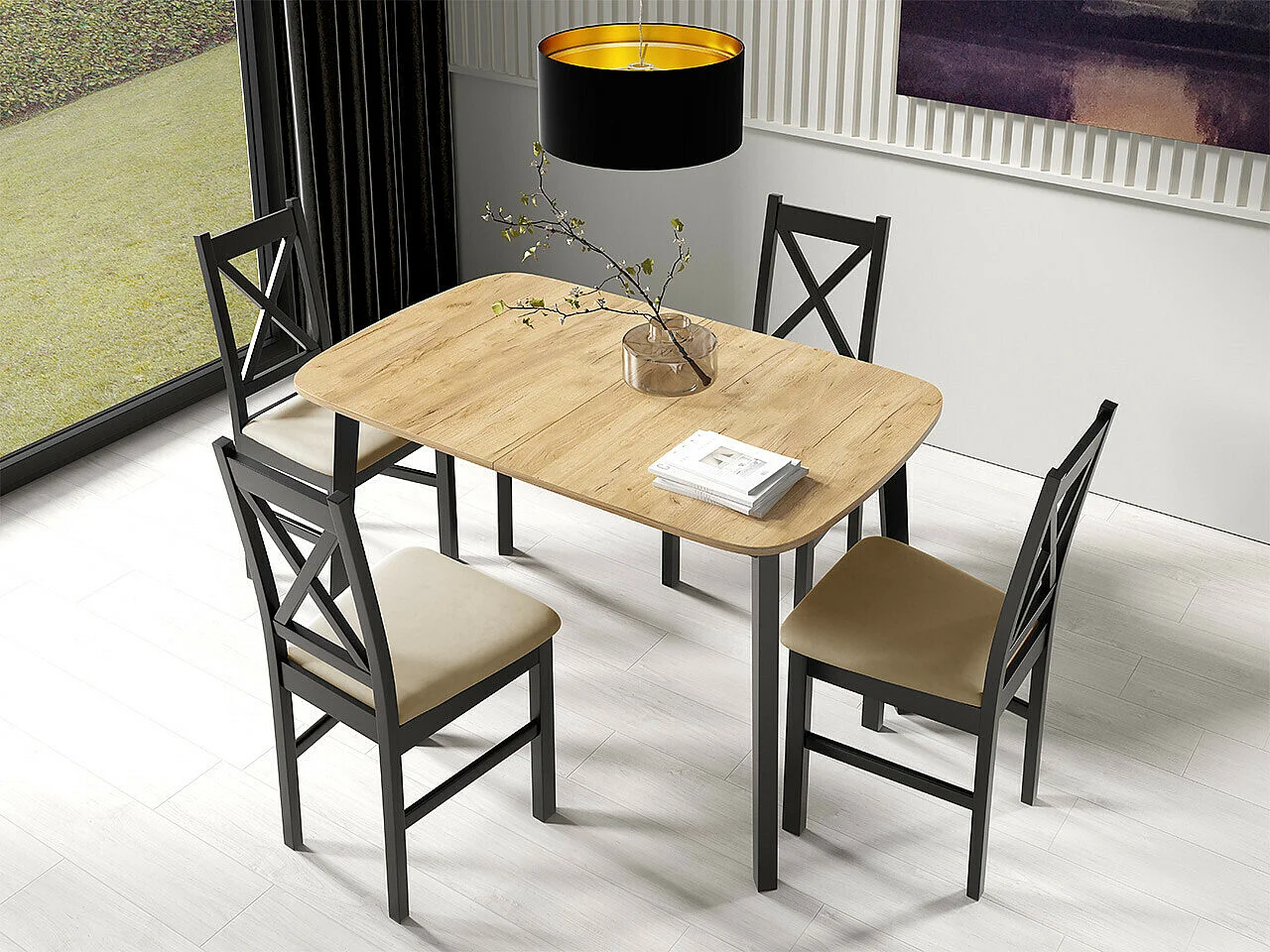 Table Edmond 110, Chêne doré artisanal|Noir, 77x80x130cm, Disponible, Stratifié, Bois