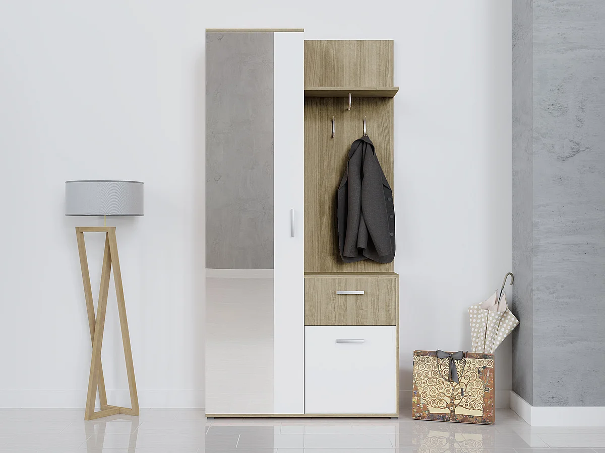 Meuble d'entrée Pavo, 195x97x30cm, Disponible, Sonoma chêne|Blanc, Stratifié, À poser