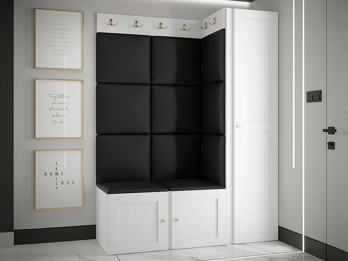 Meuble d'entrée Hartford 377, 186x124x46cm, Blanc|Noir, MDF|Stratifié|Faux cuir