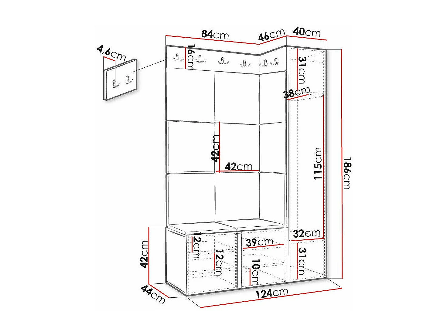 Meuble d'entrée Hartford 377, 186x124x46cm, Blanc|Noir, MDF|Stratifié|Faux cuir