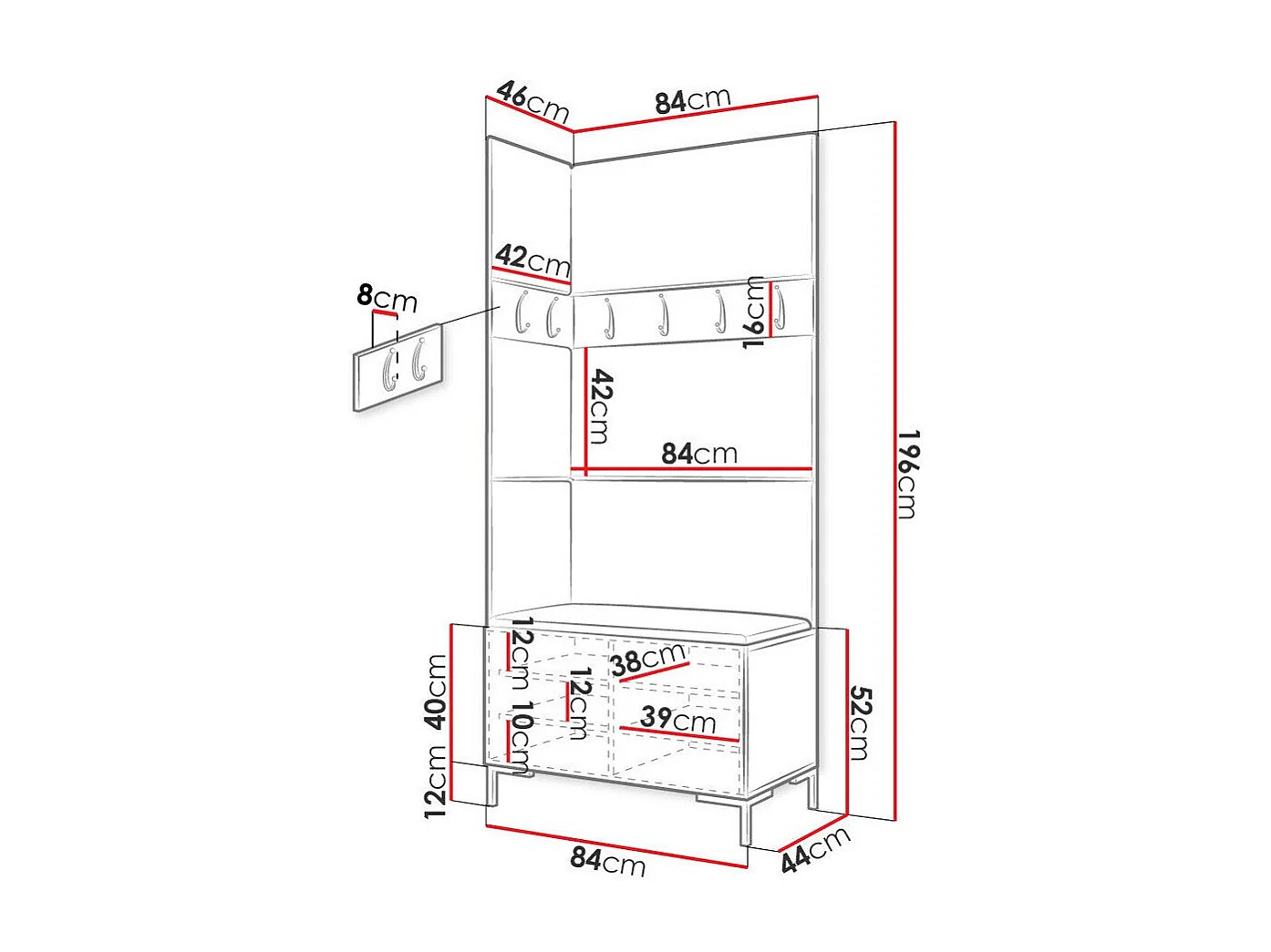 Meuble d'entrée Nomal IV, 196x84x46cm, Noir, Faux cuir|Stratifié, Murale|À poser