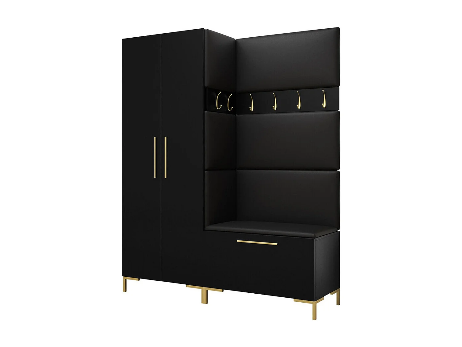 Meuble d'entrée Nomal I, 196x158x44cm, Noir, Faux cuir|Stratifié, À poser|Murale