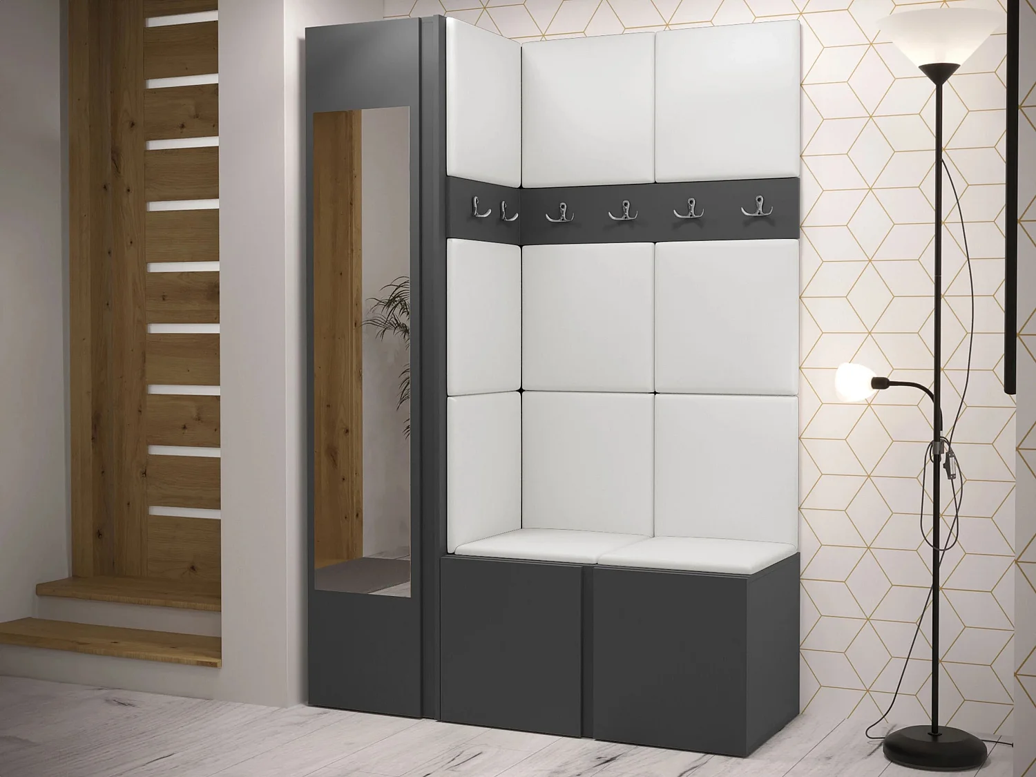 Meuble d'entrée Hartford 277, 186x124x46cm, Disponible, Graphite, Faux cuir|Stratifié