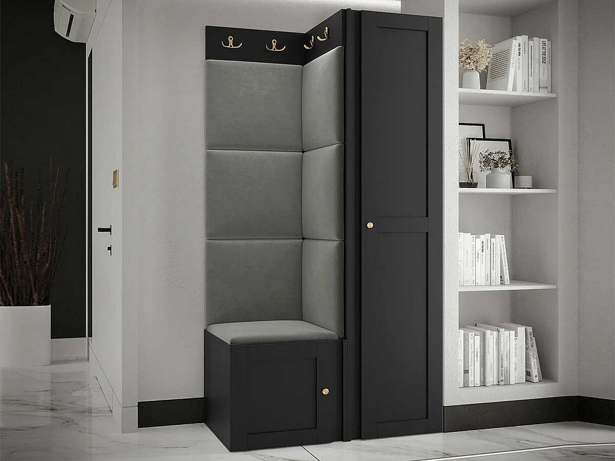Meuble d'entrée Hartford 381, 186x82x46cm, Noir|Gris, Tissu|MDF|Stratifié, À poser|Murale