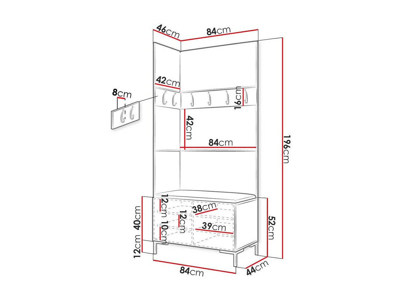 Meuble d'entrée Tivsoa 103, 196x84x46cm, Craft chêne, Faux cuir|Stratifié, À poser|Murale
