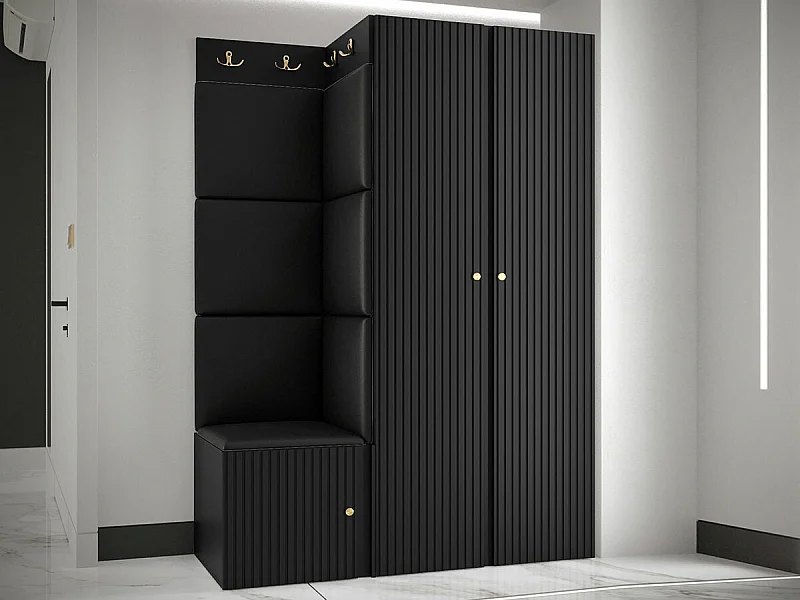 Meuble d'entrée Hartford 387, 186x116x46cm, Noir, Stratifié|Faux cuir|MDF, Murale|À poser