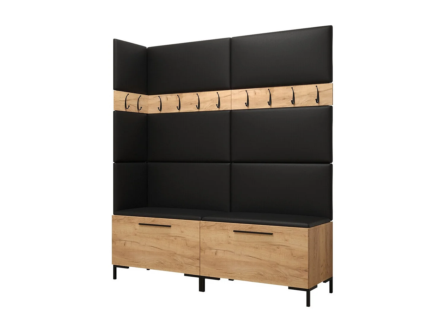 Meuble d'entrée Nomal V, 196x168x46cm, Craft chêne, Faux cuir|Stratifié, Murale|À poser