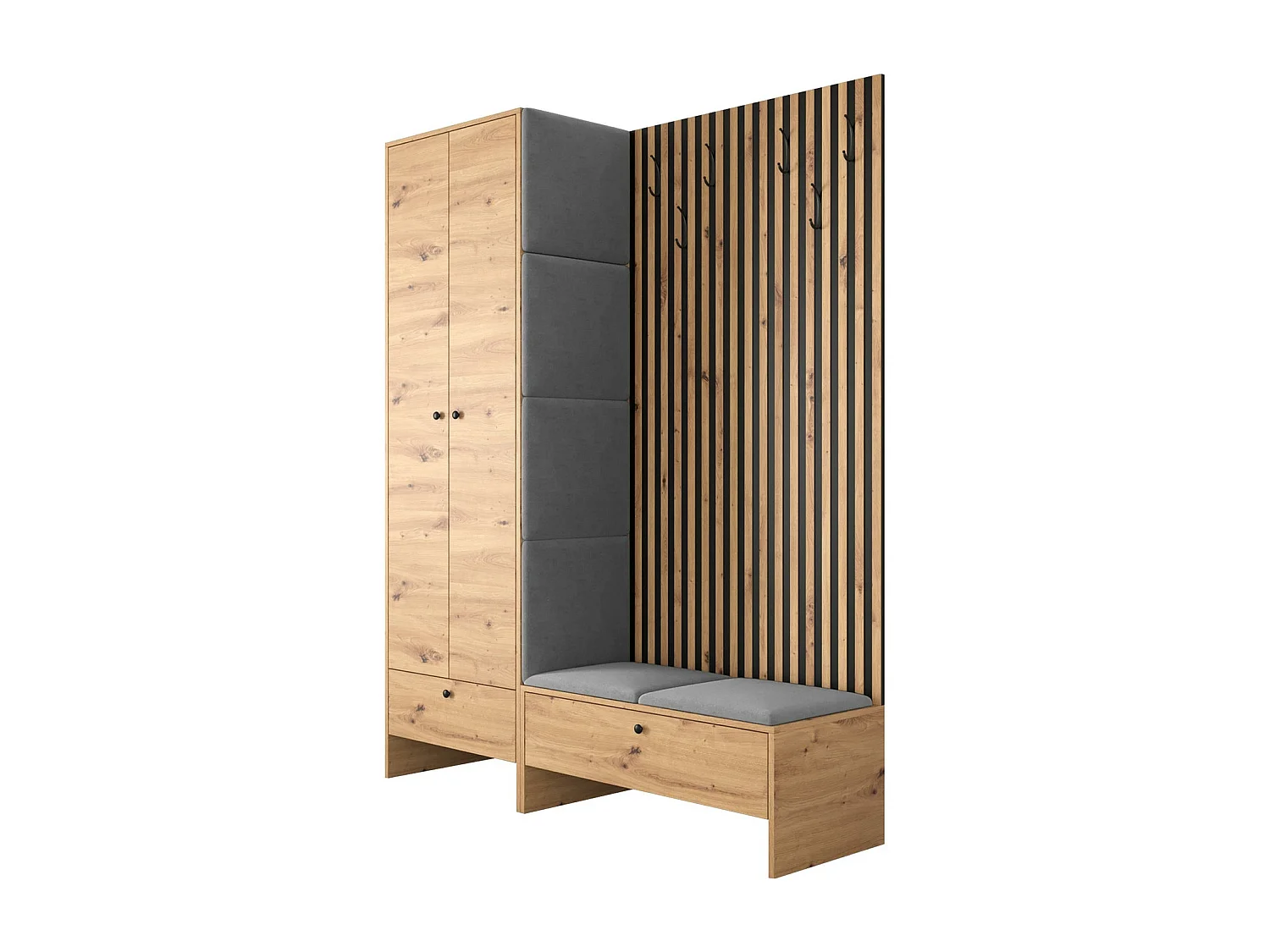 Meuble d'entrée Donio III, 206x145x44cm, Chêne Artisan|Noir, Tissu|Stratifié, À poser