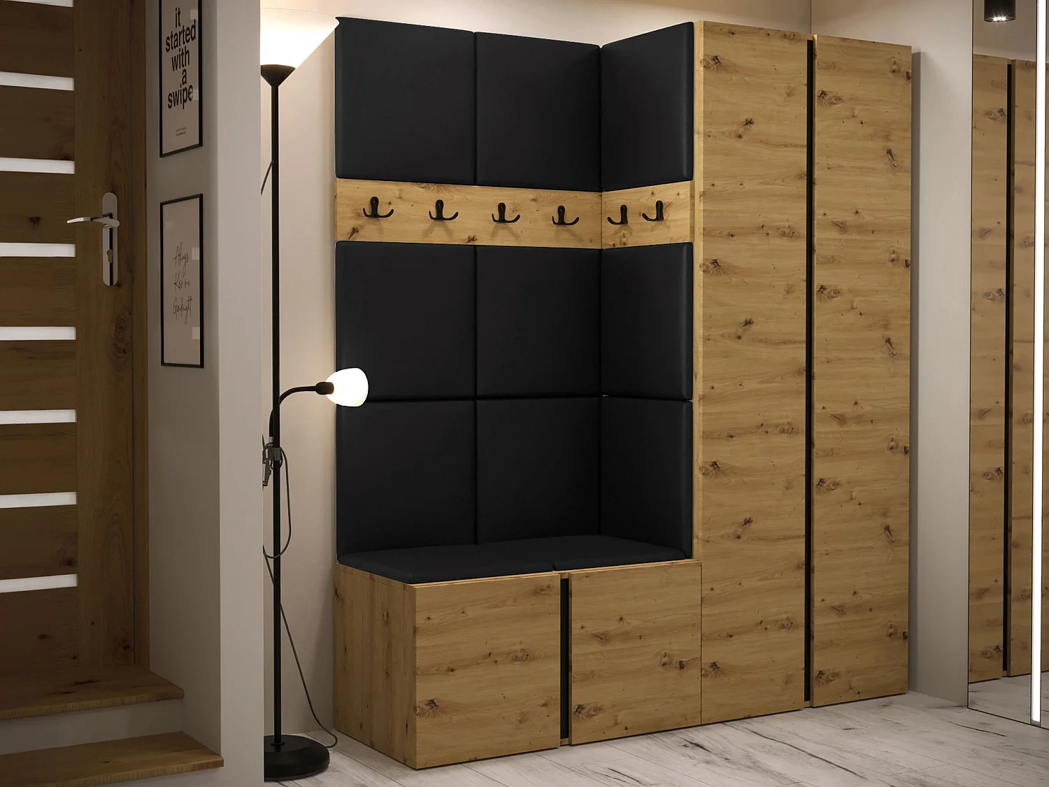 Meuble d'entrée Pinis III, 186x158x46cm, Chêne Artisan, Faux cuir|Stratifié