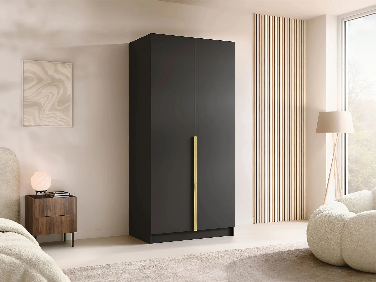 Armoire Closico 195, Doré|Noir, 215x100x58cm, Portes d'armoire: Avec des charnières