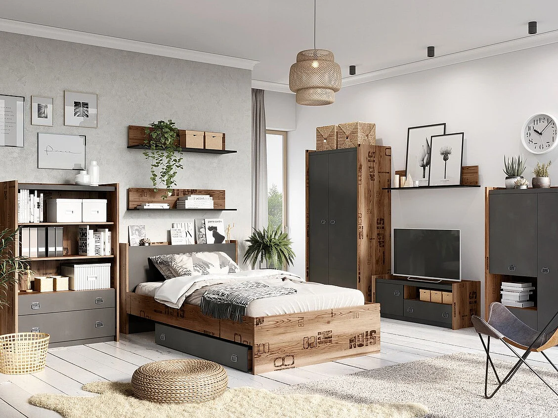 Armoire Tivtivi 101, Gris|Canyon chêne, 190x90x52cm, Nombre d'étagères: 5