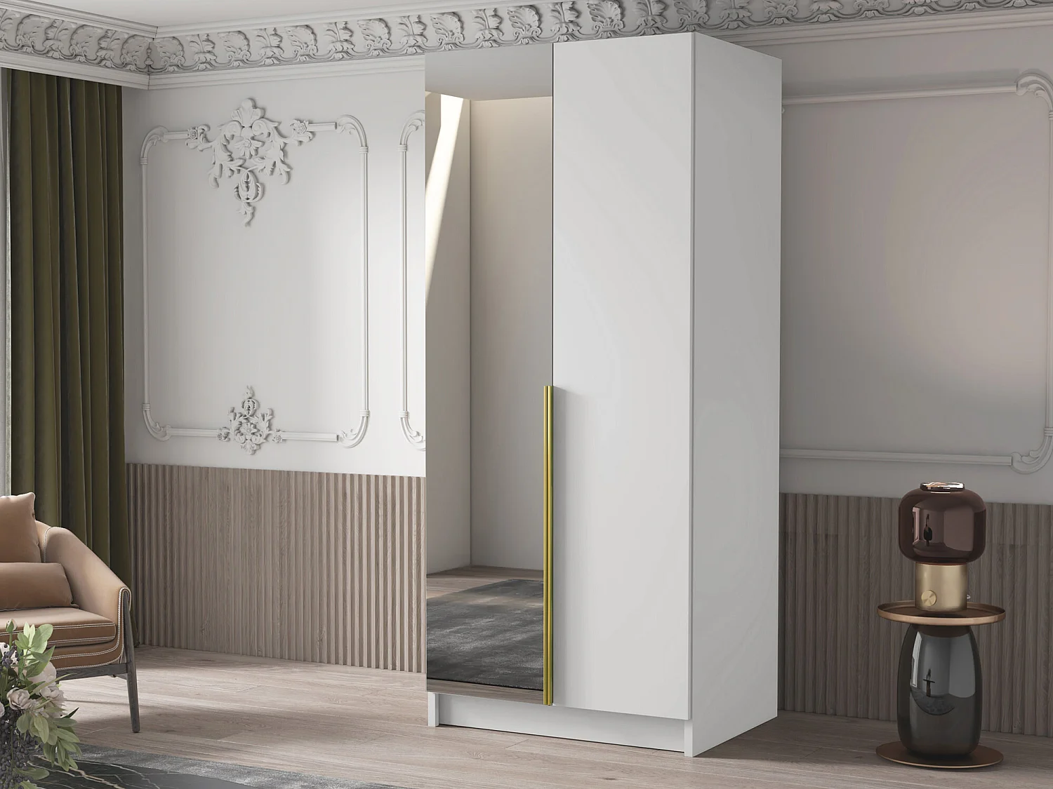 Armoire Closico 194, Blanc|Doré, 215x100x58cm, Portes d'armoire: Avec des charnières