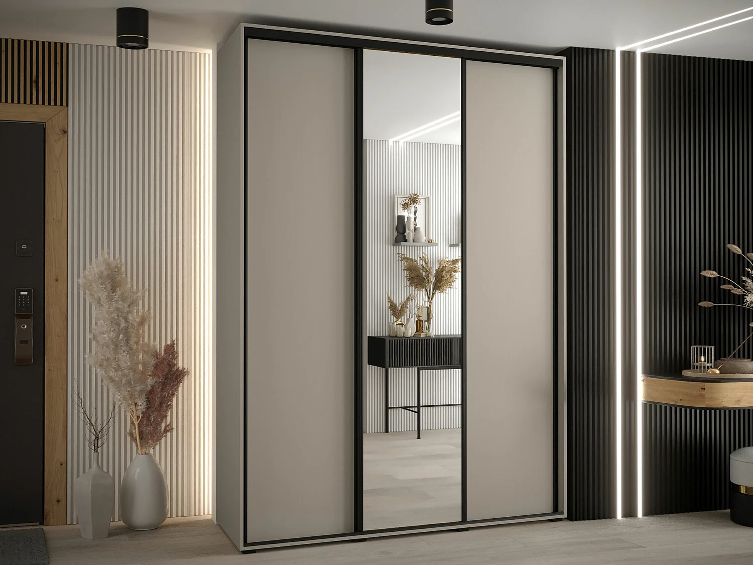 Armoire Hartford 493, Noir|Cachemire, 235x180x60cm, Portes d'armoire: Coulissantes