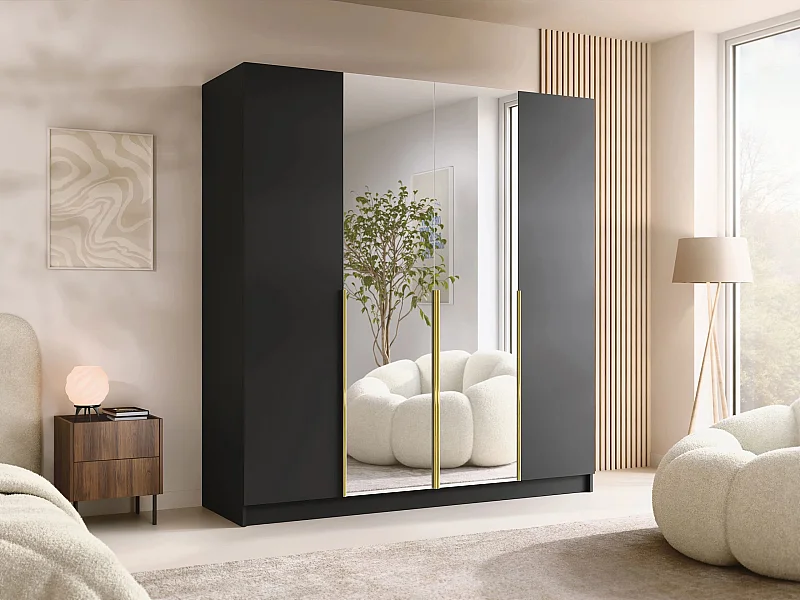 Armoire Closico 191, Noir|Doré, 215x200x58cm, Portes d'armoire: Avec des charnières