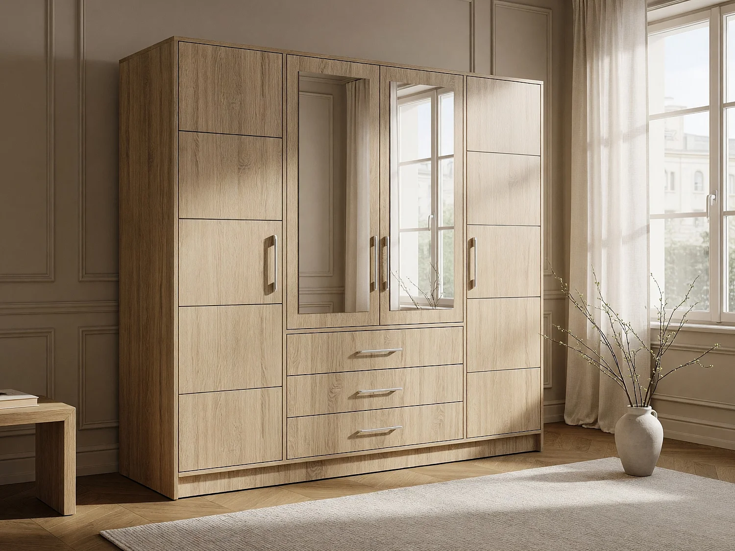 Armario Dortivu, Roble Sonoma|Plata, 200x196x58cm, Puertas de armario: Con bisagras