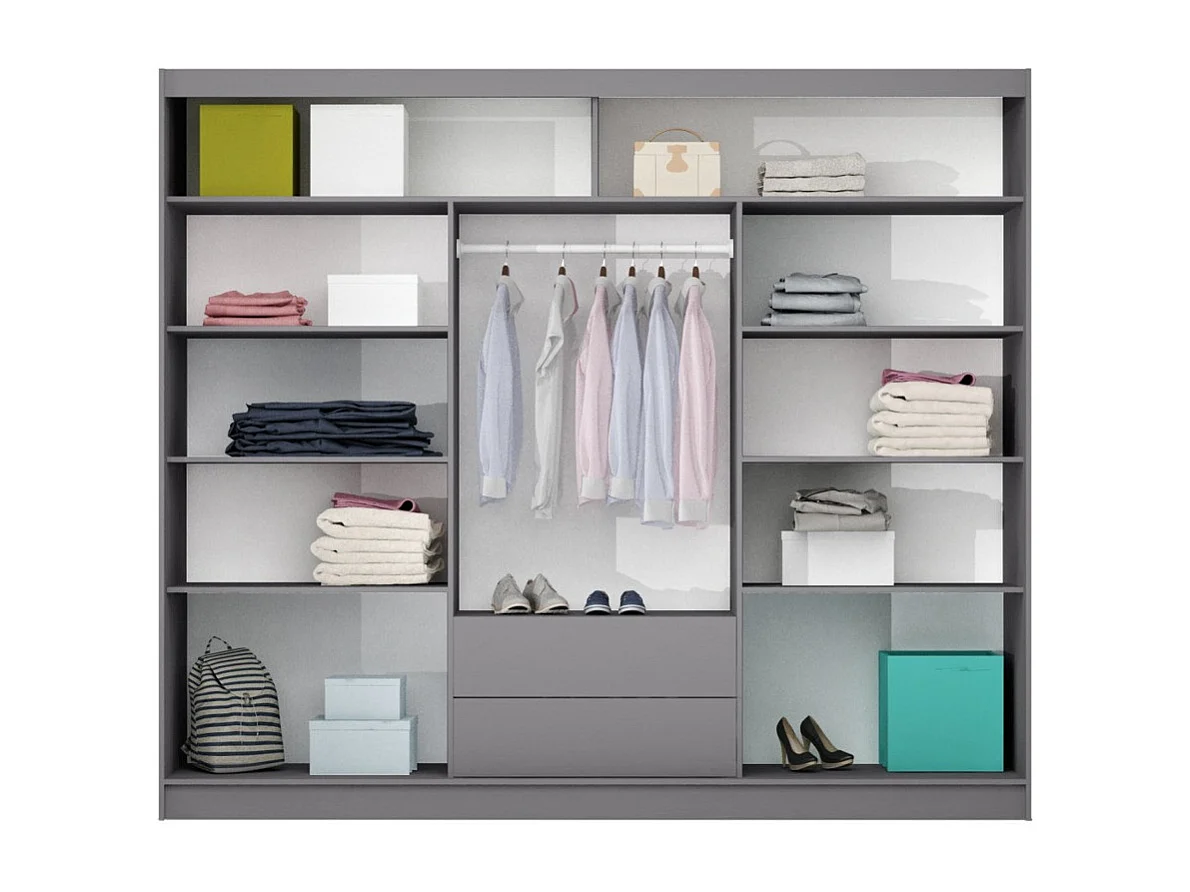 Armoire Honolulu 233, Graphite|Noir, 215x250x61cm, Portes d'armoire: Coulissantes