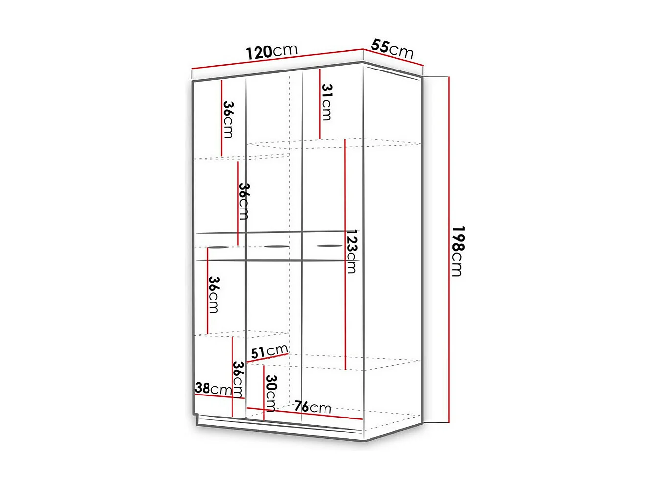 Armoire Campus, Blanc|Rose brillant|Blanc brillant, 198x120x55cm, Nombre d'étagères: 6