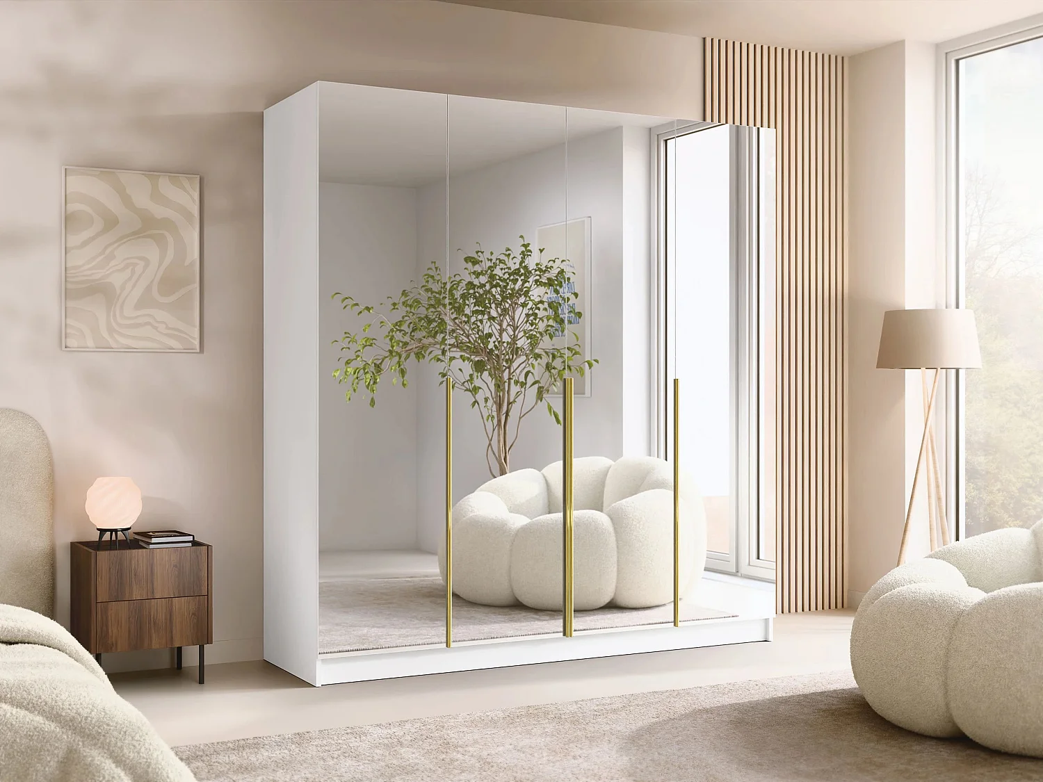 Armoire Closico 190, Blanc|Doré, 215x200x58cm, Portes d'armoire: Avec des charnières