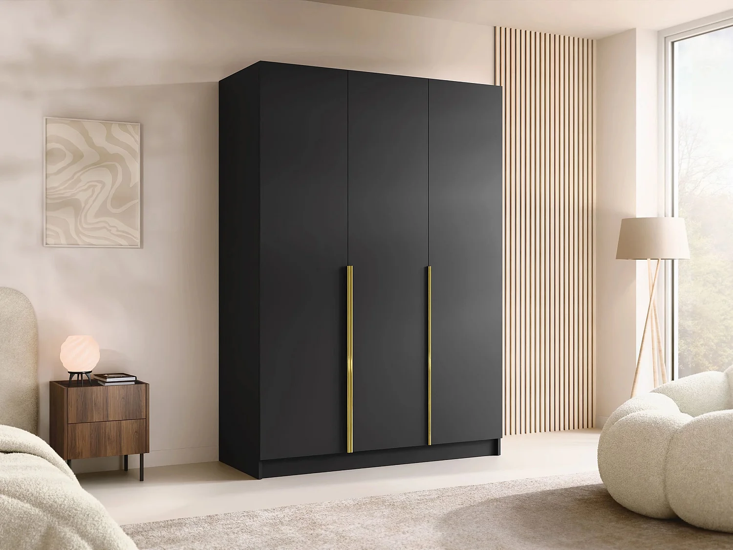 Armoire Closico 198, Noir|Doré, 215x150x58cm, Portes d'armoire: Avec des charnières