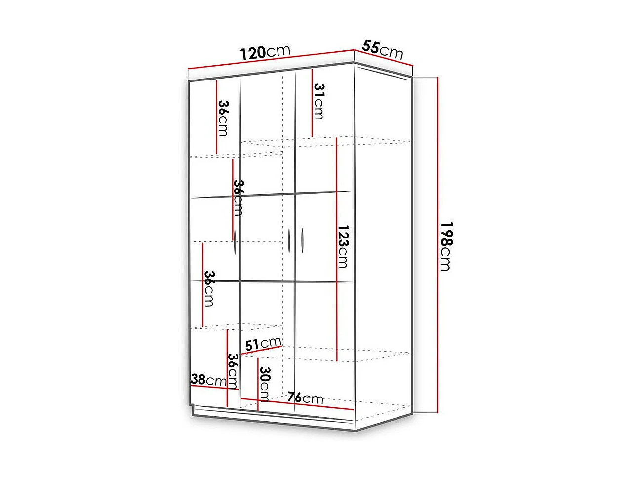 Armoire Campus I, Blanc|Gris brillant|Blanc brillant, 198x120x55cm, Nombre d'étagères: 6