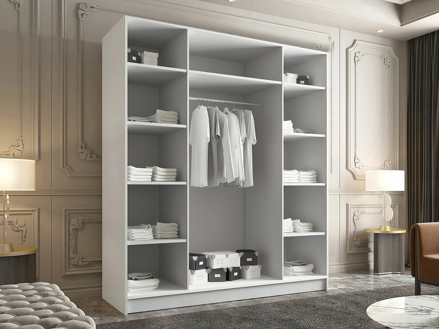 Armoire Closico 190, Blanc|Noir, 215x200x58cm, Portes d'armoire: Avec des charnières