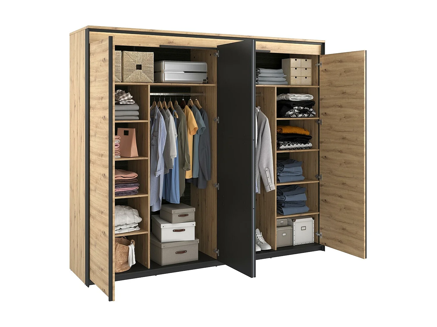 Armoire Luliru 111, Chêne Artisan|Noir, 221x220x68cm, Portes d'armoire: Coulissantes