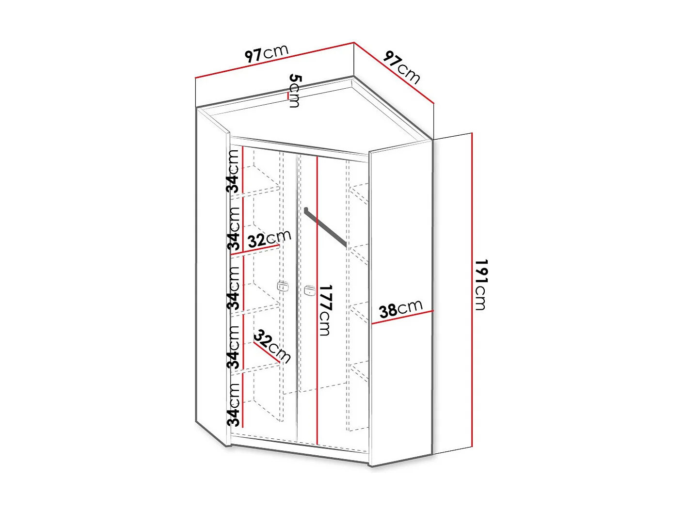Armoire d'angle Tivtivi 112, Canyon chêne|Gris, 191x97x97cm, Nombre d'étagères: 8