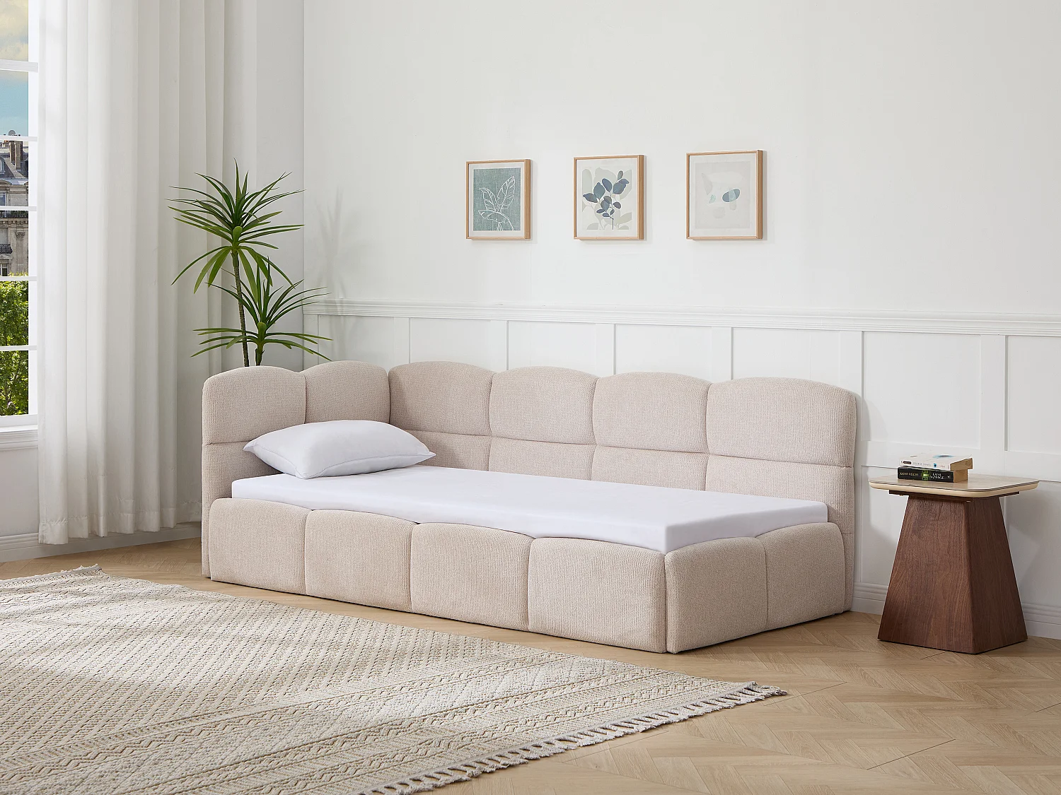 Lit gigogne 2 x 80 x 200 cm – Avec sommier peigne – Tissu texturé – Beige + Matelas – PLURANIO