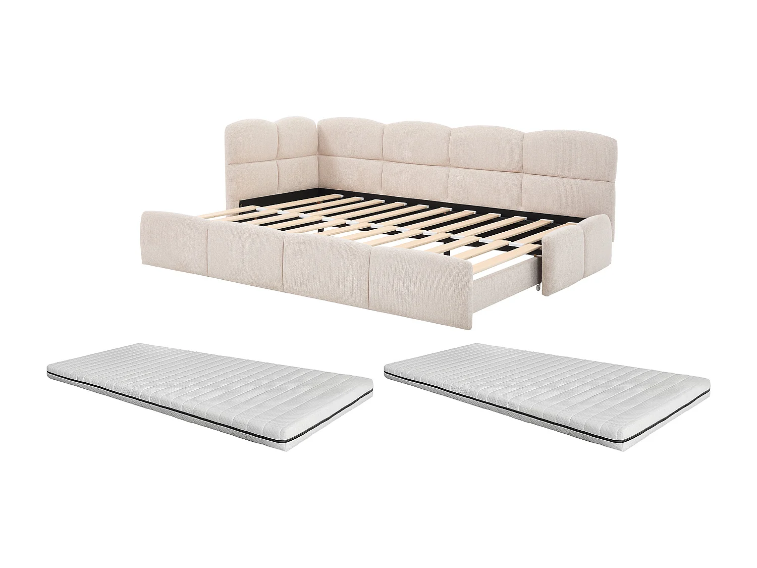 Lit gigogne 2 x 80 x 200 cm – Avec sommier peigne – Tissu texturé – Beige + Matelas – PLURANIO
