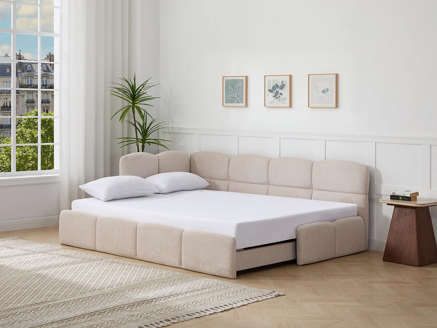 Lit gigogne 2 x 80 x 200 cm – Avec sommier peigne – Tissu texturé – Beige + Matelas – PLURANIO