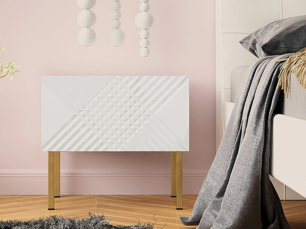 Table de chevet Natar, Blanc brillant|Blanc, Nombre de tiroirs: 1, 46x50x35cm